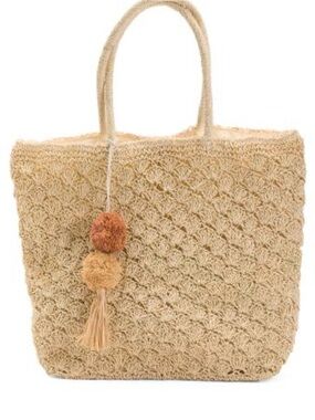 Straw Studios Crochet Tote in Cream with Tan Accents